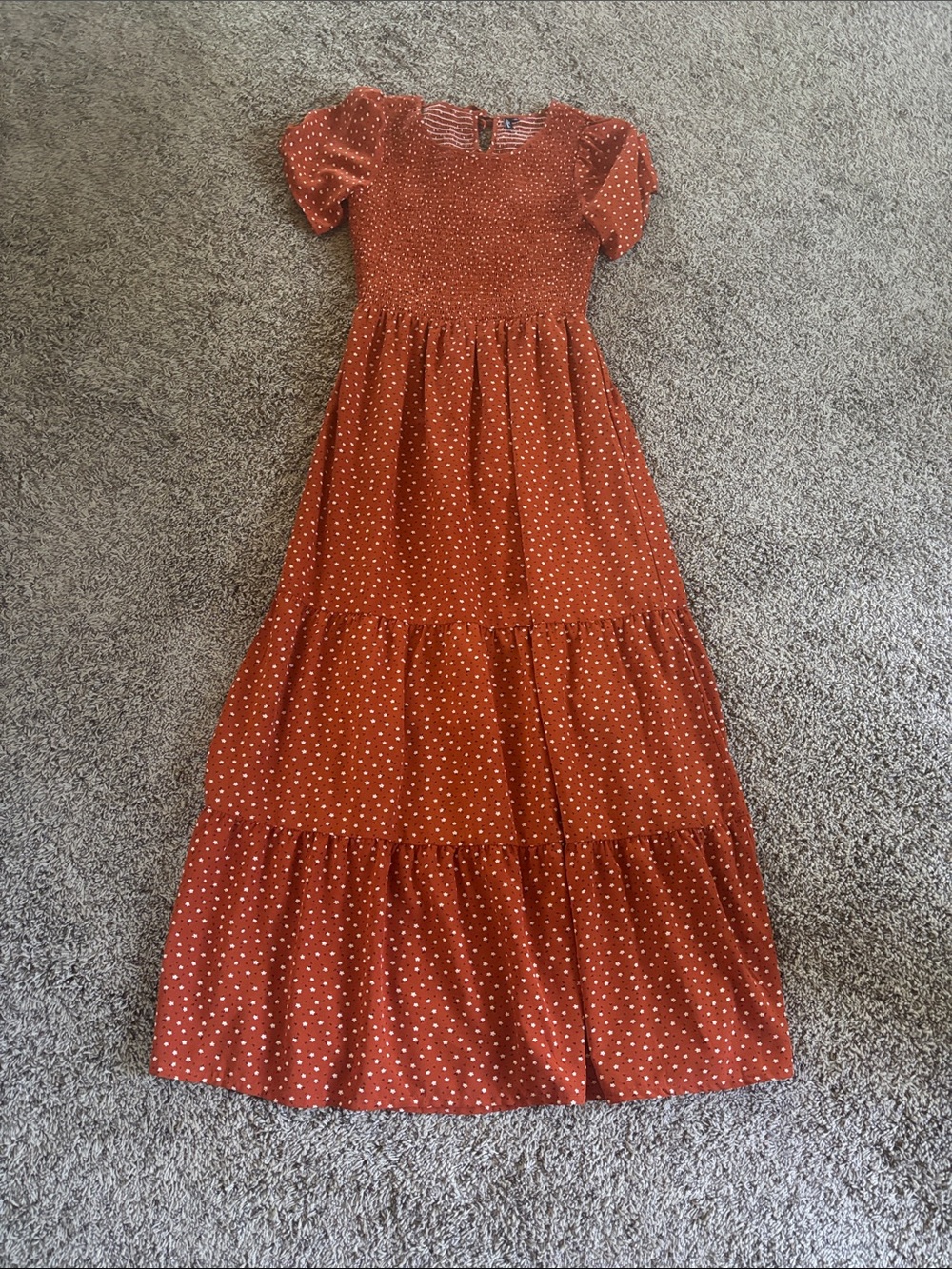 Smocked Rust Polka Dot Maxi Dress with Puff Sleeves